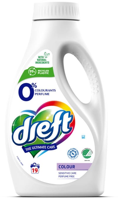 Dreft Vloeibaar Wasmiddel 0% Gekleurde Was 19 Wasbeurten - 988 ml