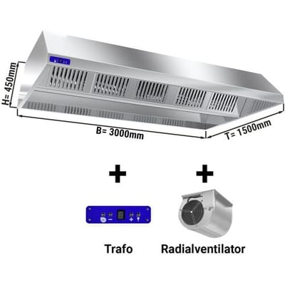 GGM Gastro Deckenhaube mit Motor - 3000mm - mit externen Regler, Filter & Lampe Zilver