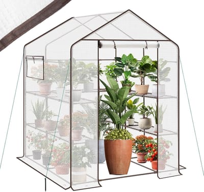 Famanu - Broeikas folie XXL 200 x 145 x 145 cm, kweekbroeikas, tomaten met 10 planken, foliekas, stabiele tuin met winterbestendig, wit