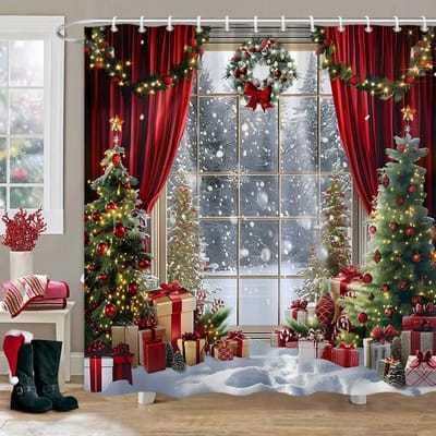 Cadeaux de Noël Rideau de Douche Arbre de Noël Forêt d'Hiver Cèdre Nature Paysage Décoration Murale Tissu Rideaux de Salle de Bain Décor 90x180cm