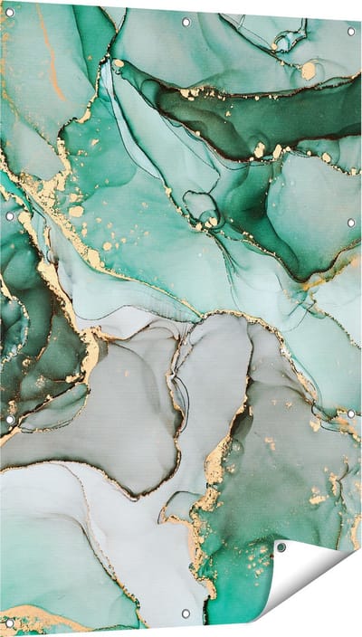 Gards Tuinposter Abstracte Kunst - Blauwe Marmer met Goud - 80x120 cm - Tuindoek - Tuindecoratie - Wanddecoratie buiten - Tuinschilderij