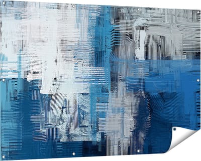 Gards Tuinposter Abstracte Kunst - Blauw Witte Penseelstreken - 150x100 cm - Tuindoek - Tuindecoratie - Wanddecoratie buiten - Tuinschilderij