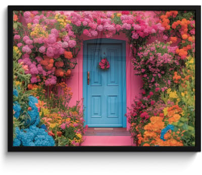 Poster in lijst - Fotolijst 70x50 cm - Posters - Bloemen - Deur - Roze - Posterlijst zwart - Decoratie - Wanddecoratie woonkamer - Muurdecoratie slaapkamer
