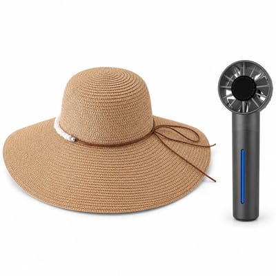 VHV - Zonnehoed en Ventilator Set - dames bruine strandhoed - Aparte handventilator met mistfunctie - Voor strand, reizen, tuin