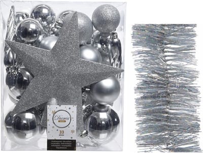 Kerstversiering kunststof kerstballen 5-6-8 cm met ster piek en glitter slingers pakket zilver van 35x stuks - Kerstboomversiering