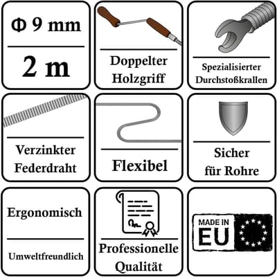 Pijpreinigingsspiraal - Afvoer waterspiraal - Verstoppingen Verwijderen - Verzinkt Staal - 9mm x 2m