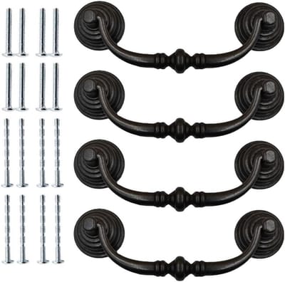 Antieke ladegrepen set van 4, zwarte ronde kastknoppen van ijzer, ideaal voor keukenkasten, slaapkamers en dressers