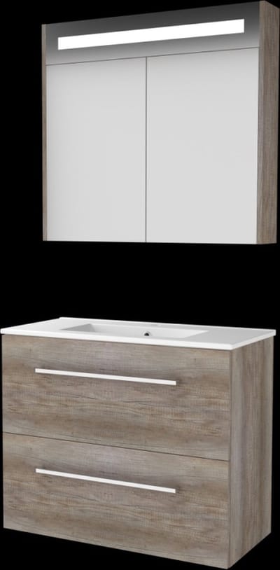 Basic Premium 39 badmeubelset met spiegelkast met geïntegreerde LED verlichting, wastafelonderkast met grepen, 2 lades en porseleinen wastafel met 1