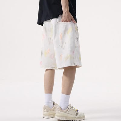 Losse sabelvormige mid-pants, niche beschilderd en met graffiti, modieuze lichte luxe witte denim shorts L white