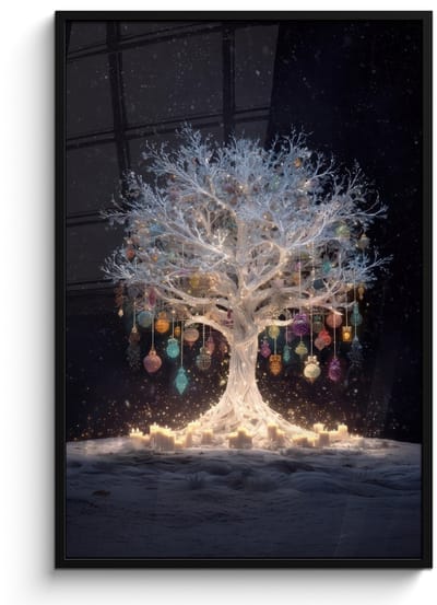 Poster in lijst - Fotolijst 80x120 cm - Posters - Sneeuwboom - Lichtjes - Wit - Kleurrijk - Posterlijst zwart - Decoratie - Wanddecoratie woonkamer - Muurdecoratie slaapkamer - Kerstversiering - Kerstdecoratie voor binnen - Kerstmis