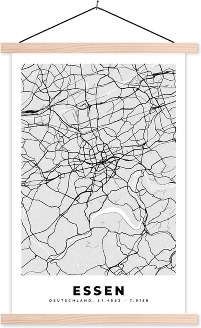 Posterhanger incl. Poster 40x60 cm - Schoolplaat - Duitsland - Stadskaart - Plattegrond - Essen - Kaart - Textielposter - Blanke latten - Stadskaart