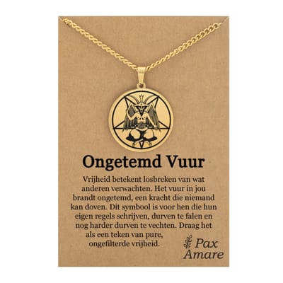 Duivel Ketting op Cadeau Kaartje - "Ongetemd Vuur" - Goudkleurig - Talisman / Medalion - Roestvrij Staal Hanger - 60cm