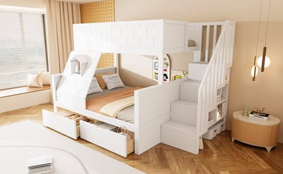 Stapelbed - 2-persoons Bed Met Trap En Opbergruimte - Boven 90x200, Onder 140x200 - Massief Grenen - Met Raam En Lades - Wit