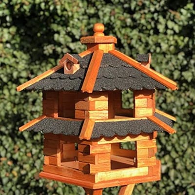 Zeshoekige Vogelvoederplaats met Voederdispenser en Dakken, Dubbel Verdieping, Houten Constructie, Maat XL