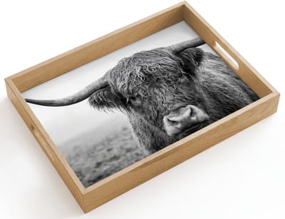Dienblad hout 40x30 cm - Schootdienblad - Schotse hooglander - Zwart - Wit - Gras - Borrelplank rechthoek - Plateau dienbladen