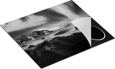 Chefcare Inductie Beschermer Noorderlicht boven het Water bij Rotsen - Zwart Wit - 60x50 cm - Afdekplaat Inductie - Kookplaat Beschermer - Inductie Mat