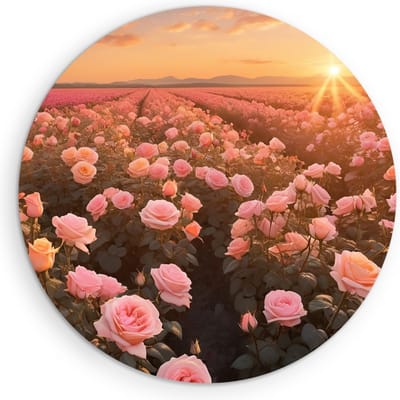 Saammp Muurcirkel Hout - Landschap -Bloemen - Roze - Zonsondergang - Natuur - Ø 90 - Wandcirkel - Wanddecoratie Cirkel - Muurdecoratie Woonkamer - Slaapkamer decoratie - Rond Schilderij