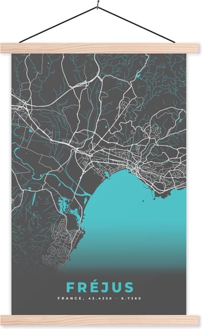 Posterhanger incl. Poster 40x60 cm - Schoolplaat - Fréjus - Kaart - Plattegrond - Stadskaart - Frankrijk - Textielposter - Blanke latten - Stadskaart