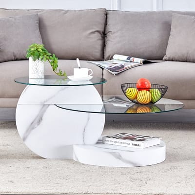 Salontafel - Tweelaags - Veiligheidsglas en Marmerlook - Modern Minimalistisch - Glas en MDF - Wit Marmer