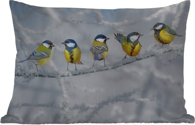 Buitenkussens - Tuin - Vogel - Koolmees - Winter - Sneeuw - Takken - 50x30 cm