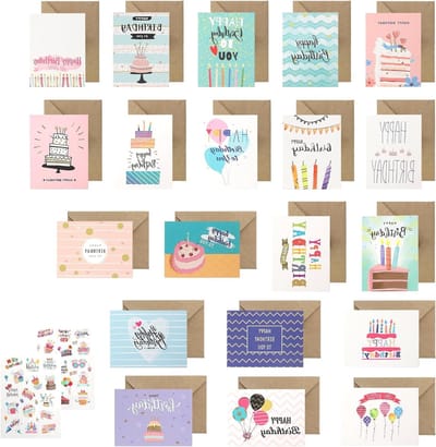 Verjaardagskaarten Set van 20 met Enveloppen, Creatieve Wenskaarten, DIY Vouwkaarten met Stickers voor Verjaardagen, School en Familie
