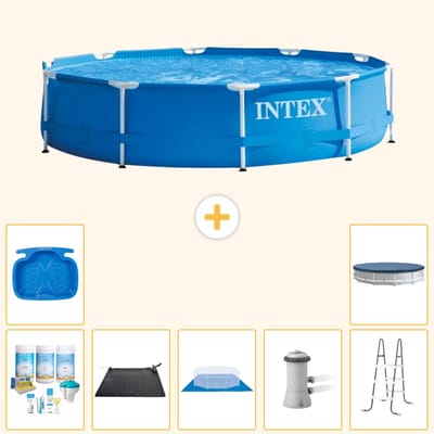 Intex Rond Frame Zwembad - 366 x 76 cm - Blauw - Inclusief Onderhoudspakket - Solar Mat - Grondzeil - Zwembadfilterpomp - Voetenbad - Ladder - Afdekzeil - 8-delig