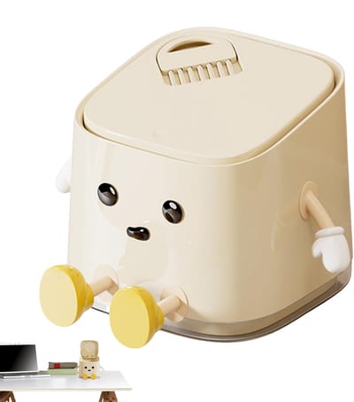 Compacte Desktop Prullenbak met Deksel – Hygiënisch Push-to-Open Systeem – 15,5 x 15,5 x 14 cm Crème – Mini Afvalbak voor Bureau, Keuken & Badkamer