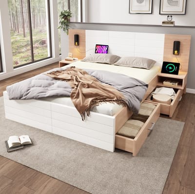 MEUNIQ dubbel bedframe 180x200 cm met lattenbodem, 2 lades, leeslampen en USB-oplaadfunctie, met opbergruimte voor slaapkamer, wit en licht eiken