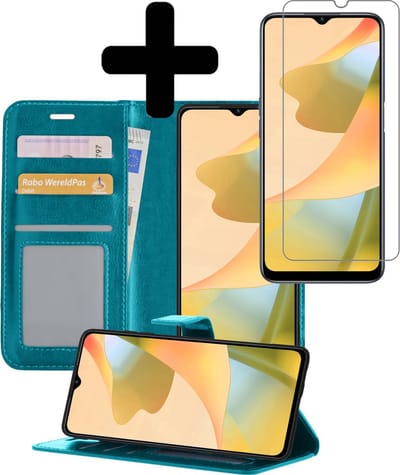 Hoesje - Met Screenprotector - Geschikt voor OPPO A16s - Luxe Pasjeshouder - Bookcase Portemonee - Flip Case - Kunstleer Book Case - Flipcase - Book Cover - Walletcase - Portemonneehoes - Telefoonhoesjes - Turquoise