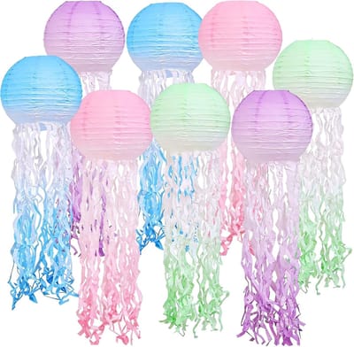 SnelShoppen - Papieren lantaarns 8 stuks, decoratie voor oceaanthema, kleurverloop, papieren lampions, kwallen, onderwaterwereld, zeemeermin, feest, v