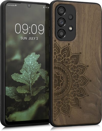kwmobile telefoonhoesje geschikt voorSamsung Galaxy A33 5G - Hoesje met bumper - hout - In donkerbruin Opkomende Zon design