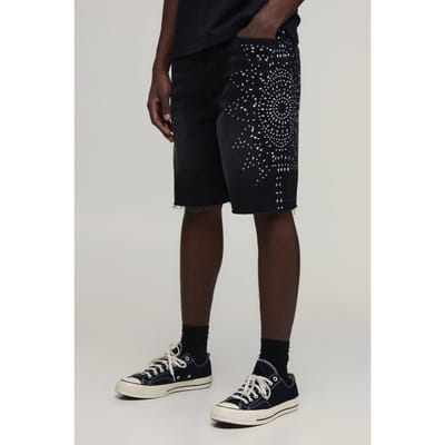 Relaxed Denim Shorts Met Strassteentjes En Ruwe Zoom | Washed Black | Size 28