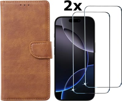 Hoesje Geschikt voor iPhone 16 Pro hoesje bookcase met 2 stuks screenprotectors – Bruin