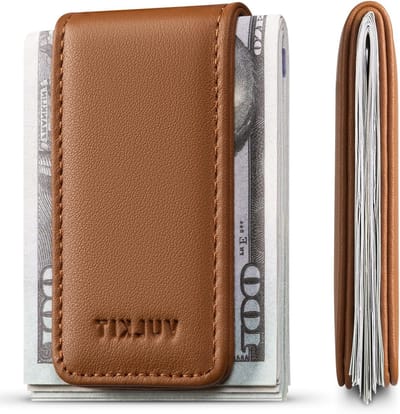Slimme Magnetische Geldclip van Leer voor Creditcards en Briefgeld, Sterke Magneet voor 15 Vouwen, Minimalistisch Ontwerp in Nappa Bruin, Ideaal voor Dagelijks Gebruik