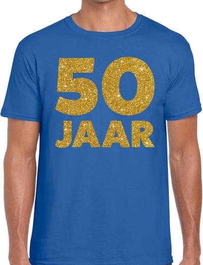 50 Jaar verjaardag - gouden glitters tekst - t-shirt - blauw - heren - korte mouwen - Abraham pop kleding S