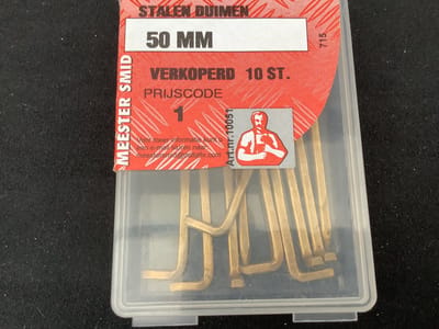 Ophanghaak verkoperd. 50 mm. Lang. Stalen duimen. 10 stuks. Meestersmid.