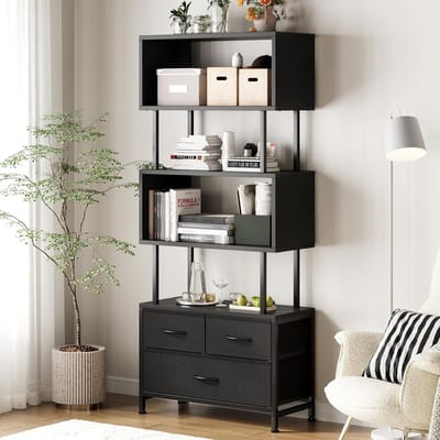 HOMESY Boekenkast, rek met 5 etages, staand rek met 3 stoffen laden, smalle plank, geschikt voor slaapkamer, kantoor, woonkamer, keuken, 60 x 24 x 155 cm, zwart