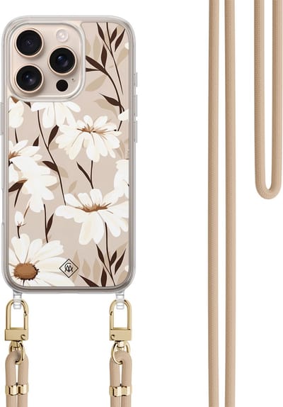 Casimoda® hoesje met koord - Geschikt voor iPhone 16 Pro Max - In Bloom - Afneembaar koord - TPU/polycarbonaat - Zwart
