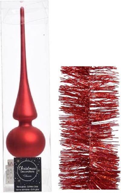 Kerstversiering glazen piek mat 26 cm en glitter folieslingers pakket rood van 3x stuks - Kerstboomversiering