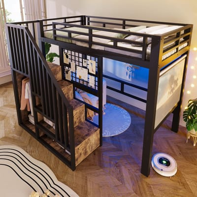 Hoogslaper 90 x 200 cm - met LED-verlichting - opbergleuning met trap - reling - kledingstang - zonder matras - zwart