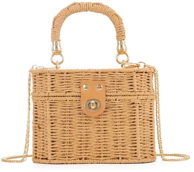 Dailygoods - BWBIKE Schoudertas voor dames van stro, handgeweven, strandtas van rotan, vintage, boho tas voor de zomer, schouderriem of handvat aan de bovenkant