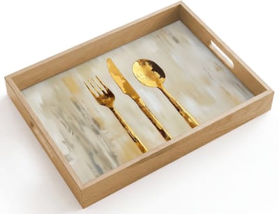 Dienblad hout 40x30 cm - Schootdienblad - Verf - Goud - Bestek - Borrelplank rechthoek - Plateau dienbladen