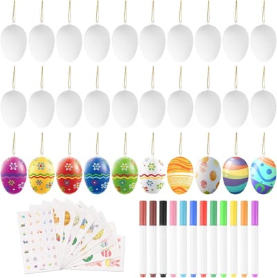 Set van 30 plastic paaseieren voor DIY, handgeschilderde eieren en knutselprojecten, inclusief 12 stiften en 10 konijneneieren, waterproof tattoo stickers