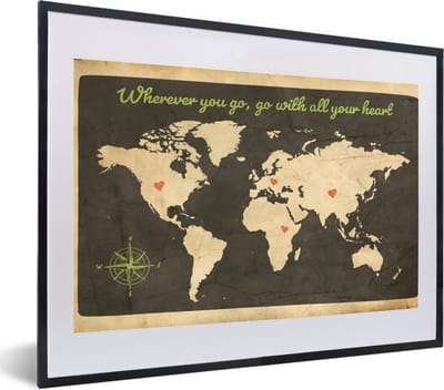 Poster in lijst - Fotolijst 60x40 cm - Posters - Wereldkaart - Quote - Kompasroos - Posterlijst zwart - Decoratie - Wanddecoratie woonkamer - Muurdecoratie slaapkamer