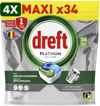 4 x Dreft Vaatwastabletten Platinum All In One Original - 34 stuks