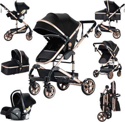 Combi Kinderwagen - Reiswieg Buggy - Baby Vervoeren - 3-in-1 Systeem - 83 x 62 x 106 cm - Zwart Goud