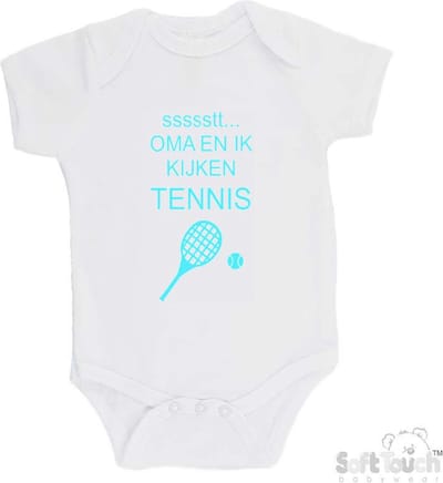 100% katoenen Romper "ssssstt... Oma en ik kijken tennis" Unisex Katoen Wit/aquablauw Maat 56/62
