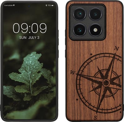 kwmobile telefoonhoesje geschikt voorXiaomi 14T Pro - Hoesje met bumper - hout - In donkerbruin Vintage Kompas design