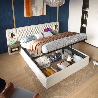 PHOEBE CAT Tweepersoonsbed - 160×200 cm - 2 nachtkastjes - USB-oplaadfunctie - 2 leeslampjes - Beige