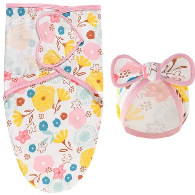 Ensemble Bonnet et Couverture pour Bébé Imprimé Dessin Animé Coton Couverture pour Nouveau-né Ajustable Couvertures d'emmaillotage pour Nourrisson Toutes Saisons 0-6 Mois (WHITE,0-6M) blanc